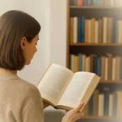 Junge Frau liest ein Buch, inspiriert von einem deutschen Thriller Autor. Im Hintergrund ein Bücherregal.