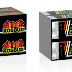 Dwa stosy płyt styropianowych EPS 70-040 i EPS 032 marki KOSBUD, gotowe do ocieplenia fasady.