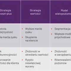 Tabela porównująca strategie cenowe: koszt-plus, wartości, wielopoziomowy, subskrypcyjne. Przykład strategii cenowej.