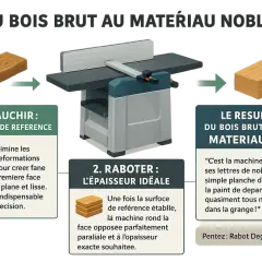 Illustration du processus de transformation du bois brut en matériau noble grâce à une dégauchisseuse raboteuse. Pensez : Rabot Dégau occasion !