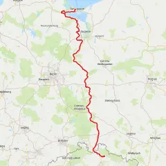 Mapa z zaznaczoną trasą rowerową Odra-Nysa, od Świnoujścia do okolic Wałbrzycha.