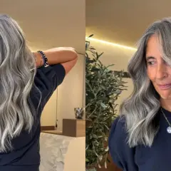 Magnifique coloration sur cheveux gris, avec des reflets argentés et des ondulations douces. Une allure élégante et moderne.