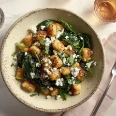 Pyszne gnocchi ze szpinakiem i serem pleśniowym, posypane natką pietruszki. Danie prezentuje się apetycznie.