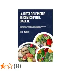 Copertina libro "La dieta dell'indice glicemico per il diabete" con immagini di frutta, verdura e pesce. Include una tabella indice glicemico.