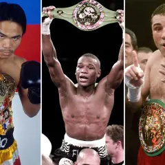Manny Pacquiao, Floyd Mayweather, and Oscar De La Hoya, three of the best P4P boxers of all time, celebrate championship wins with their belts.