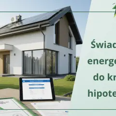 Nowoczesny dom z panelami słonecznymi i klimatyzatorem. Na stole leży świadectwo charakterystyki energetycznej, idealne do uzyskania kredytu hipotecznego na dom energooszczędny.