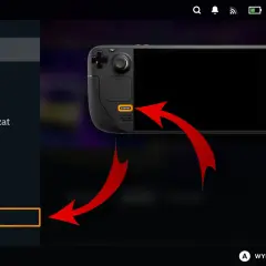 Menu Steam na konsoli, strzałki wskazują przycisk "Steam" i opcję "Zasilanie". Dowiedz się, jak pobrać Steam.