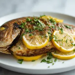 Dorade entière rôtie, garnie de rondelles de citron et de persil frais. Un délice simple, parfait pour une marinade dorade.