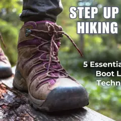 Close-up of hiking boots with purple accents and laces, stepping on a log. Learn 5 essential hiking boot lacing techniques to step up your hiking game.