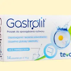 Opakowanie Gastrolit, proszek do sporządzania roztworu, zapobiega odwodnieniu, uzupełnia glukozę i elektrolity. 14 saszetek.