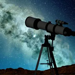 Teleskop na statywie na tle Drogi Mlecznej i nocnego nieba.