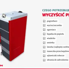 Czerwony piec na ekogroszek i lista rzeczy potrzebnych, by wyczyścić piec: pogrzebacz, szczotka, łopatka, wiaderko.