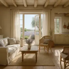 Przytulny salon w stylu prowansalskim z widokiem na lawendowe pola. Jasna sofa, wiklinowe fotele i drewniane belki tworzą sielską atmosferę.