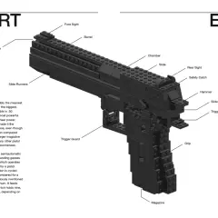 Model pistoletu Desert Eagle z klocków, z widocznymi elementami jak lufa, magazynek, spust. Instrukcja jak zrobić pistolet z klocków.