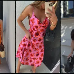 Trzy kobiety prezentują różne długości sukienek: pomarańczową maxi, różową w róże midi i brązową mini.