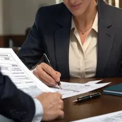 Formalne spotkanie, gdzie omawiane są dokumenty. Kobieta w garniturze podpisuje umowę, co może być związane z tym, jak przepisać prąd na nowego właściciela.