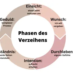Kreisdiagramm zeigt die Phasen des Verzeihens: Einsicht, Wunsch, Durchleben, Intention, Verständnis und Geduld. Es erklärt, warum ich nicht verzeihen kann, indem es die Komplexität des Prozesses aufzeigt.