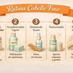 Rutina para cabello fino y encrespado: champú voluminizador, acondicionador ligero, desenredante, texturizador y secado con turbante.