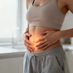 Kobieta trzyma się za brzuch, gdzie widoczny jest pomarańczowy blask. Zastanawiasz się, metabolizm co to? To klucz do zdrowia.