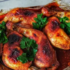 Chrupiące udka pieczone w rękawie, skąpane w aromatycznym sosie, ozdobione świeżą natką pietruszki.