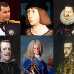 Seis retratos de reyes españoles, incluyendo al actual rey Felipe VI, y varios monarcas históricos.