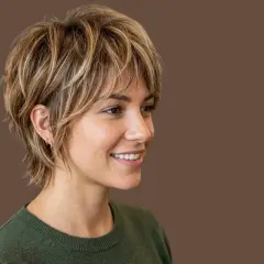 Donna con capelli corti e un ciuffo sbarazzino, sorride con un maglione verde.