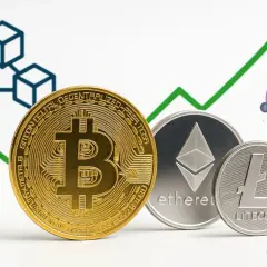 Monety Bitcoin, Ethereum i Litecoin na tle rosnącego wykresu. Obrazek wyjaśnia, co to kryptowaluta i jej potencjalny wzrost.