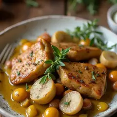 Délicieux sauté de dinde, servi avec des tomates cerises et des quartiers de citron, garni de persil frais. Un plat savoureux et coloré.