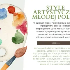 Paleta artysty z kolorami i pędzlem, symbolizująca styl Młodej Polski, gdzie dekadentyzm i secesja splatały się z życiem artystycznym.