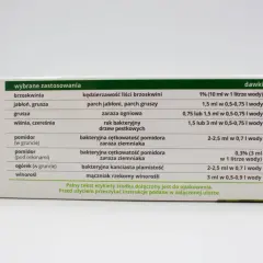 Tabela z zastosowaniami i dawkami Miedzian Extra 350 SC. Np. na kędzierzawość liści brzoskwini: 10 ml w 1 litrze wody.