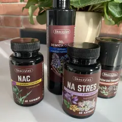Skoczylas NAC z L-glutationem i ostropestem, żel do mycia, krem do twarzy i suplement na stres.
