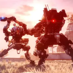 Dwa tytany w akcji, gotowe do walki w świecie Titanfall 3. Jeden z nich celuje bronią, drugi ma czerwone oko.