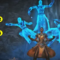 Wybór diablo immortal postacie: wojownik otoczony przez swoje duchowe wcielenia, z numerowanymi ikonami umiejętności.