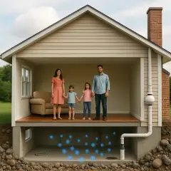 Familia en casa con sistema de mitigación de **radón que es** un gas invisible y peligroso.
