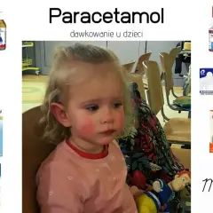 Mała dziewczynka z zaczerwienionymi policzkami, obok leki z paracetamolem, np. APAP dla dzieci, Efferalgan, Panadol, Calpol. Preato 75.