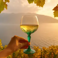 Ein Glas Weißwein, vielleicht von der Lugana rebsorte, vor malerischer See- und Bergkulisse bei Sonnenuntergang.