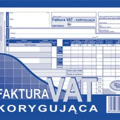 Formularz faktury korygującej VAT, zawierający pola do wpisania przyczyn korekty faktury, danych sprzedawcy i nabywcy, oraz szczegółów transakcji.
