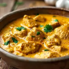 En skål med krämig kyckling i en gyllene currysås, toppad med färsk koriander. En härlig rätt med kyckling i curry.
