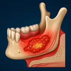 Sezione della mandibola con denti, mostra un'infezione osso dente con pus e infiammazione.