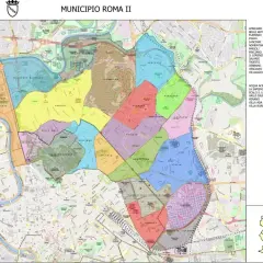 Mappa del Municipio Roma II con i quartieri colorati: Flaminio, Parioli, Salario, Trieste, Nomentano, Villaggio Olimpico, Africano, Lanciani, Pinciano, Belle Arti, Valle Giulia, Verano, S. Lorenzo.