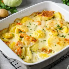 Herzhaftes Auflaufgericht mit Kartoffeln, Karotten und Erbsen, überbacken mit Käse und garniert mit Petersilie. Ein Klassiker der Gerichte mit Kartoffeln.