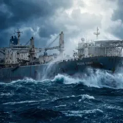 La nave "Ocean Giant" lotta contro onde tempestose, mostrando come l'acciaio si rovina con l'acqua di mare.
