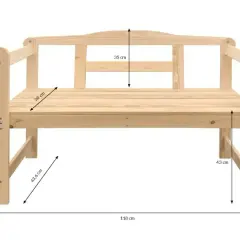 Drewniana ławka ogrodowa z widocznymi wymiarami: 118 cm szerokości, 73,5 cm wysokości całkowitej, 43 cm wysokości siedziska, 38 cm głębokości siedziska i 35 cm wysokości oparcia.