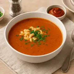 Aromaticzna zupa pomidorowa z koncentratu, udekorowana makaronem i natką pietruszki, gotowa do podania.