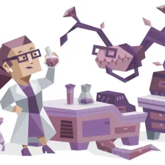 INTP w laboratorium tworzy dziwne mikstury. Obok niej robot i mały smok.