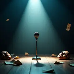 Piotr Żola Szulowski stand up: mikrofon na scenie, wokół leżą maski i banknoty.