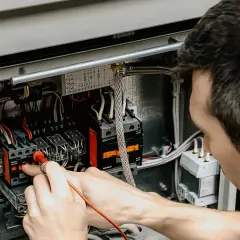 Elektryk mierzy napięcie w skrzynce z bezpiecznikami i przekaźnikami.