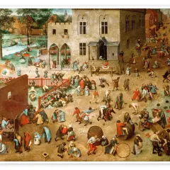 Un pueblo bullicioso lleno de niños jugando. Los juegos de niños de Brueghel muestran una escena caótica pero alegre con docenas de actividades.