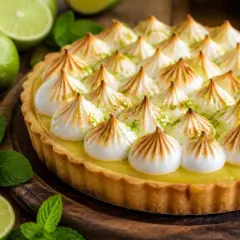 Une délicieuse tarte citron meringuée, garnie de pointes de meringue dorées et de zestes de citron vert, entourée de citrons frais et de feuilles de menthe.