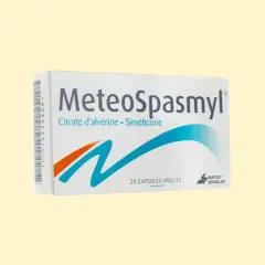 Opakowanie leku MeteoSpasmyl, zawierające 20 kapsułek, z grafiką przypominającą falę.